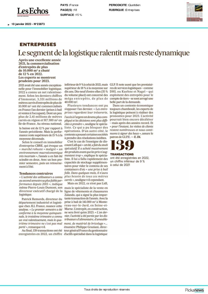 Les Echos article sur le marché de l'immobilier logistique